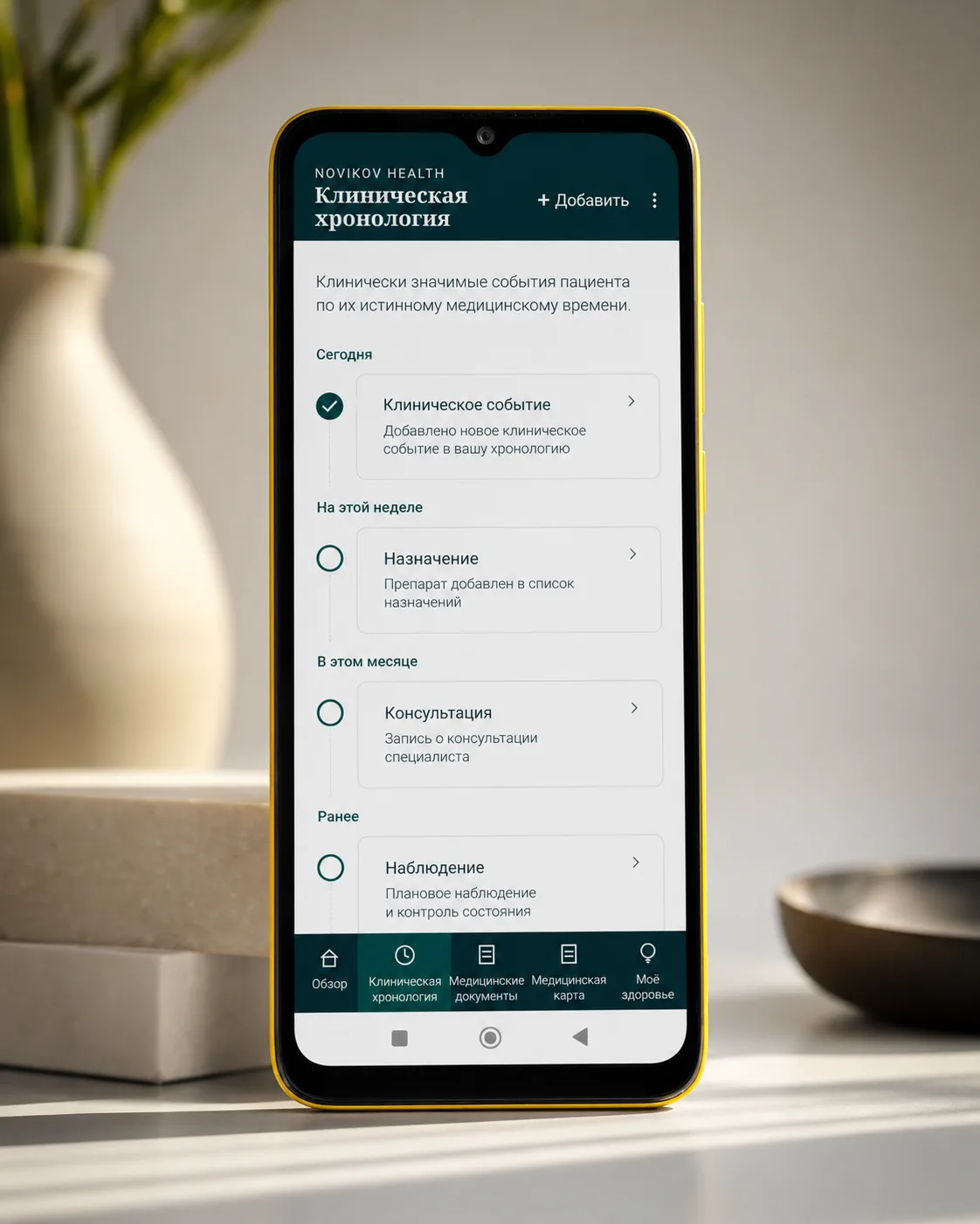 Novikov Health clinical timeline with synthetic demonstration data
